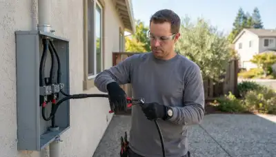 Electrician terminating service conductors in a new meter base in Mountain View, CA