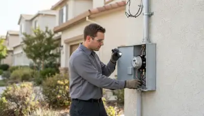 Electrician inspects a residential meter, weatherhead, and service mast in Mountain View, CA
