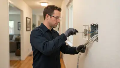 Electrician terminating intercom station wires with a screwdriver in a Mountain View, CA home