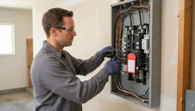 Electrician installs a whole-home surge protector with short leads at a panel in Mountain View, CA