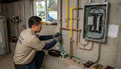 Electrician installing lightning surge protection and bonding jumpers at a Mountain View, CA home