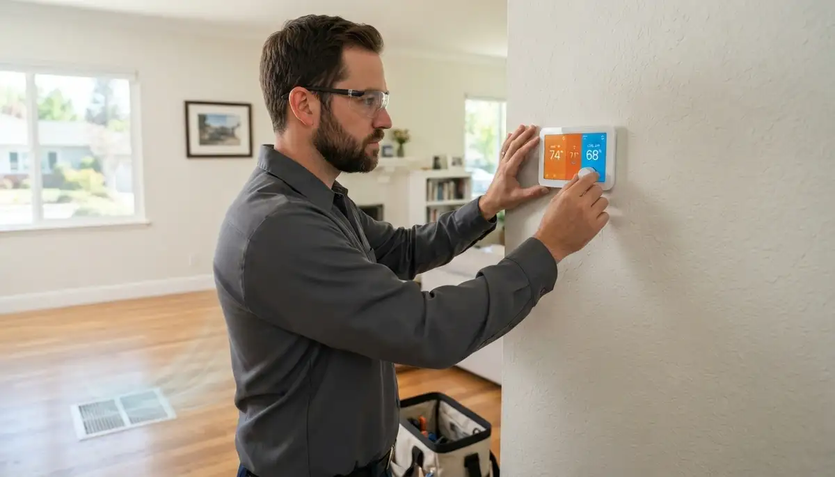Technician tests a newly installed thermostat’s heating and cooling cycles at a register in Mountain View, CA