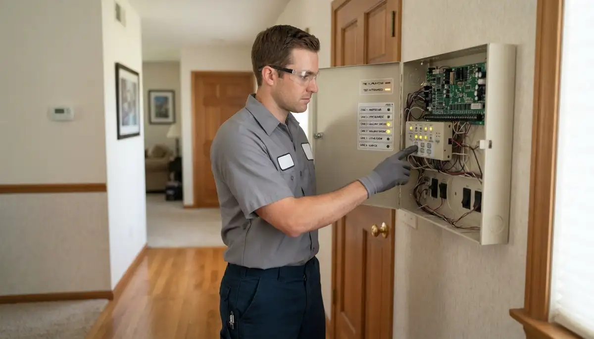 Technician testing fire alarm panel zones during a Mountain View, CA home system walkthrough