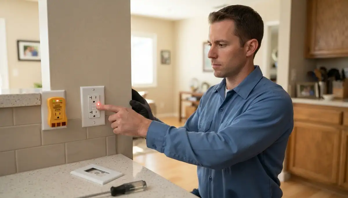 Electrician presses test button on newly installed GFCI outlet in a Mountain View, CA home
