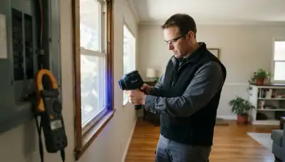 Electrician scanning window with thermal camera and measuring circuit loads during Mountain View, CA home energy audit