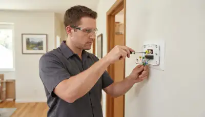 Electrician wiring and leveling a thermostat base during installation in a Mountain View, CA home