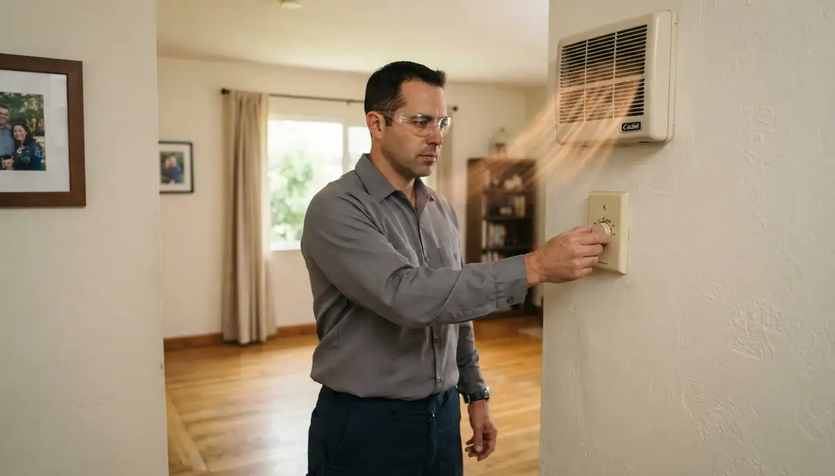 Technician adjusts an electric heater thermostat as warm air flows in Mountain View, CA