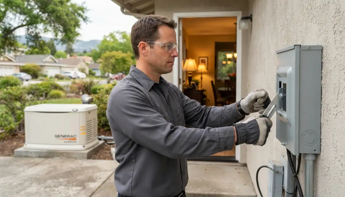 Technician tests generator transfer switch with running backup generator at a Mountain View, CA home