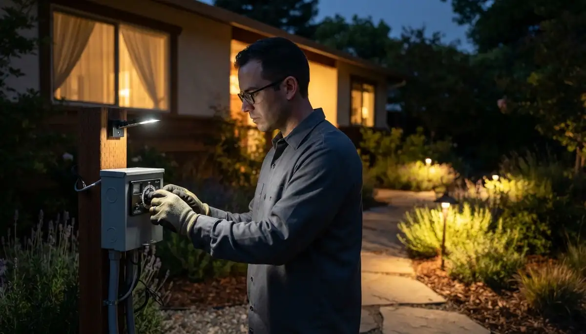 Electrician adjusts a landscape lighting transformer timer as path lights glow at a Mountain View, CA home