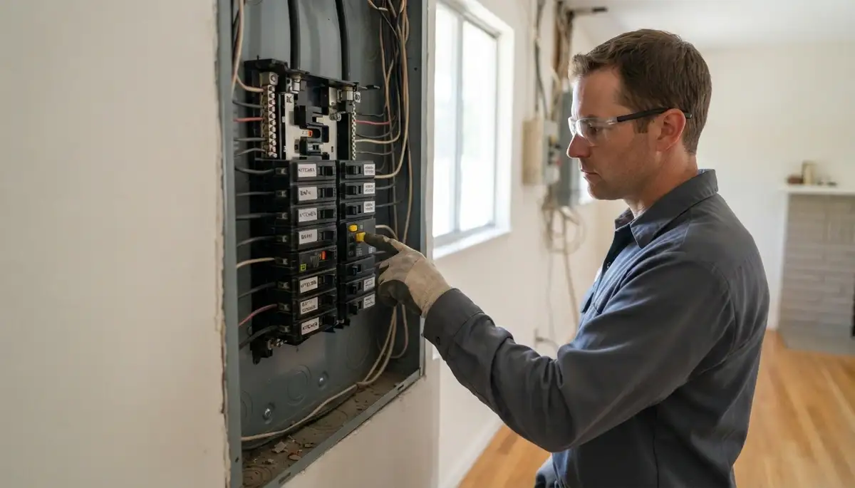 Mountain View, CA electrician presses GFCI breaker test button to verify ground-fault protection