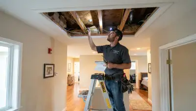 Electrician assesses ceiling joists for whole-house fan installation in a Mountain View, CA home