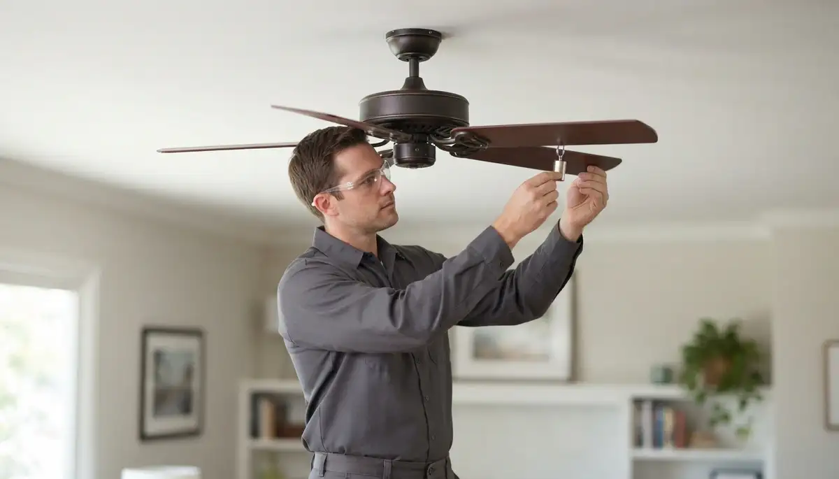 Electrician adding a balancing weight to a ceiling fan blade during repair in Mountain View, CA