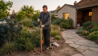 Landscape lighting technician marks pathway fixture locations in a Mountain View, CA yard